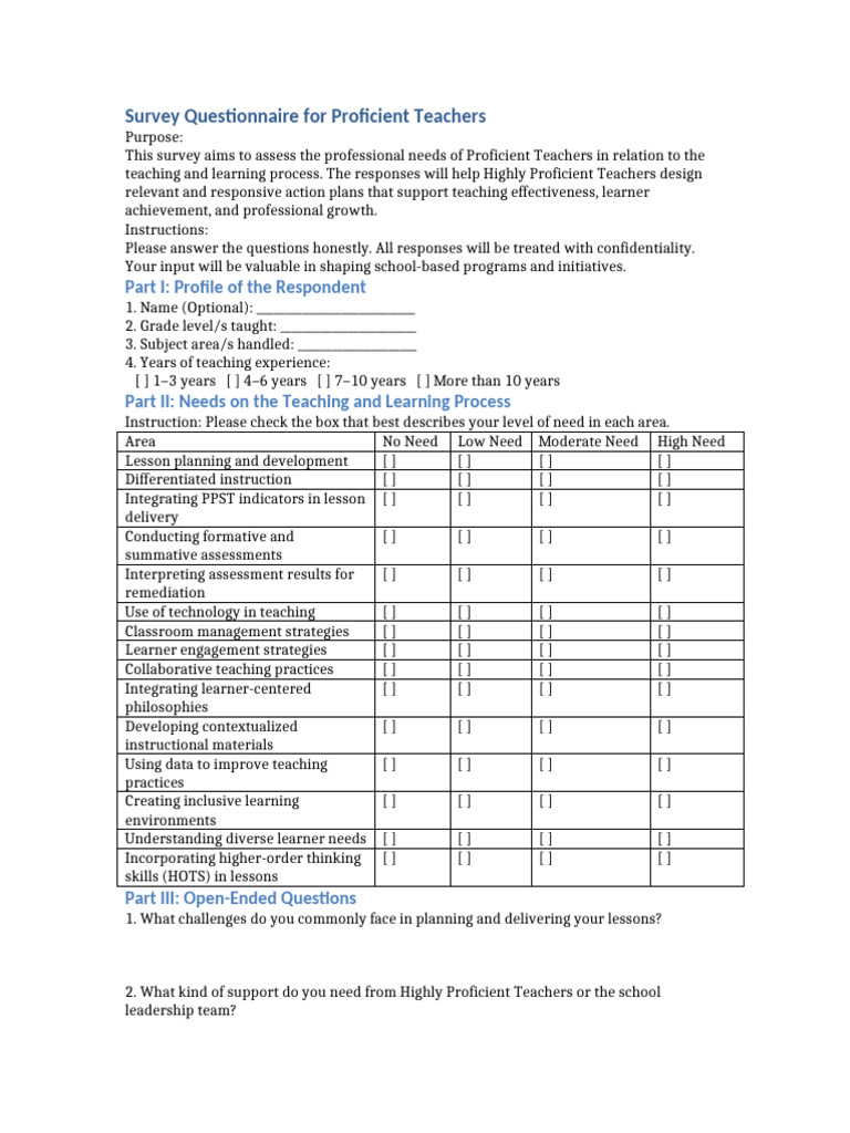 Proficient Teacher Needs Assessment Survey | PDF | Learning ...