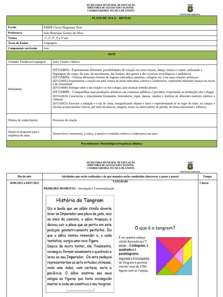 Plano de Aula de Artes para Ensino Fundamental | PDF | Simetria | Desenho