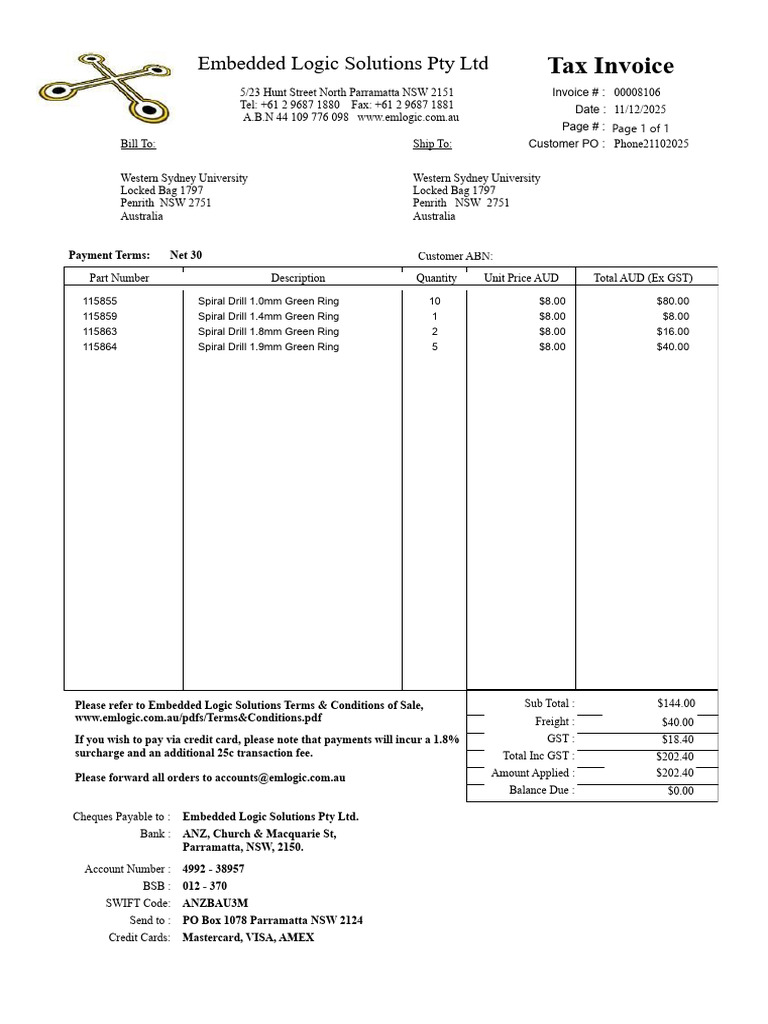 $202.40 Embedded Logic Invoice | PDF | Credit Card | Payments