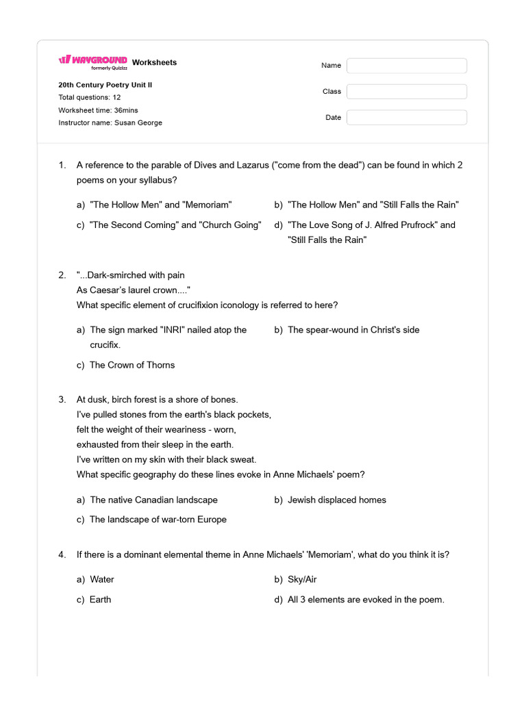 20th Century Poetry Unit II Worksheets | PDF