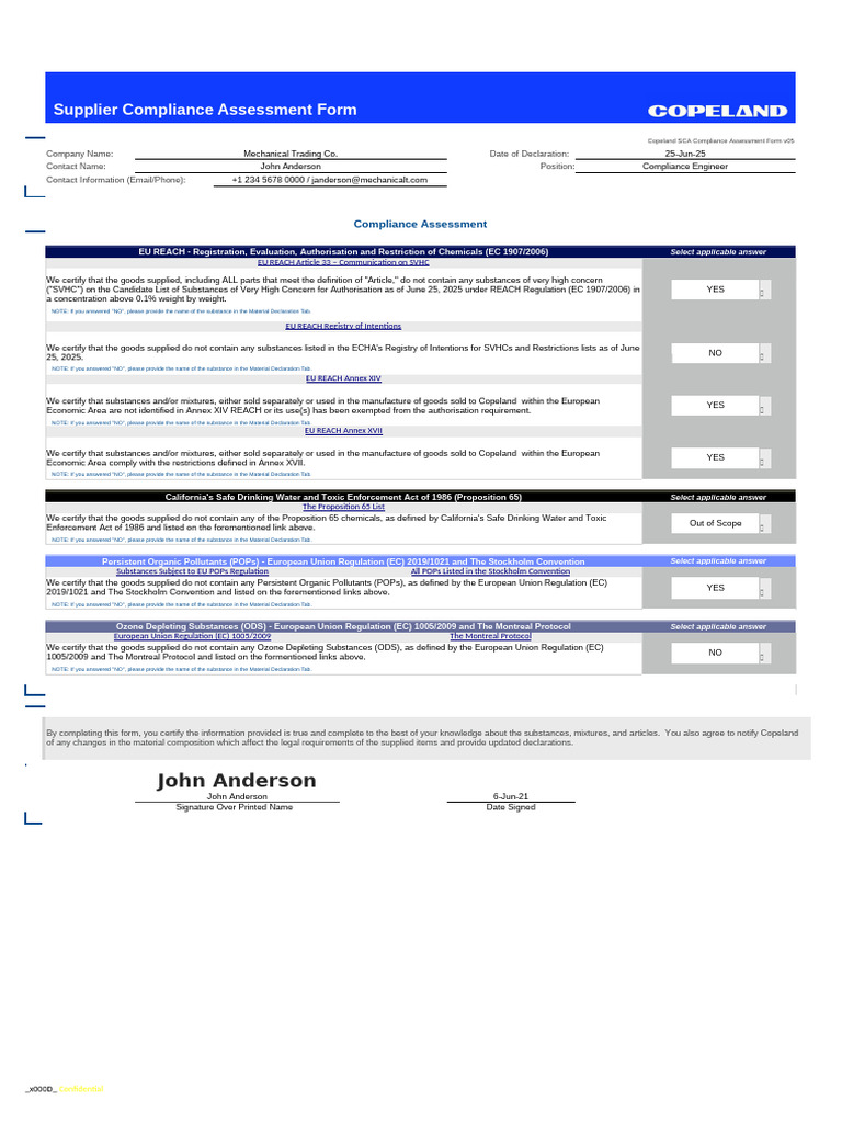 Copeland SCA Compliance Assessment Form | PDF | Pollution ...