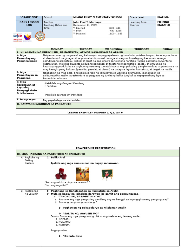 DLL Filipino 5 Pang Uri Pamilang Patakda..Docx Superfinal | PDF