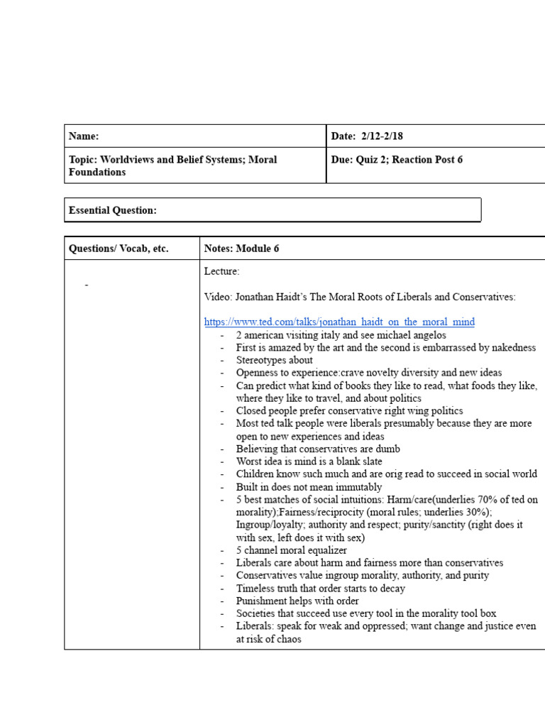 Worldviews and Moral Foundations Quiz | PDF | Emotions | Decision Theory