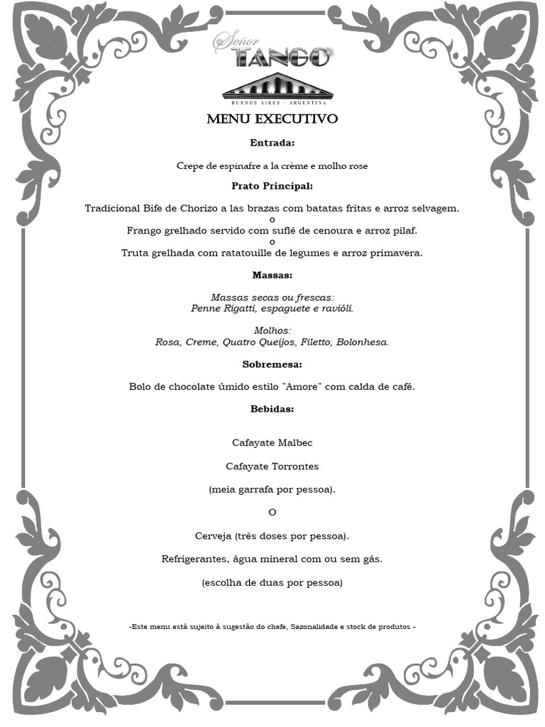 Menu Executivo: Pratos e Bebidas Selecionados | PDF
