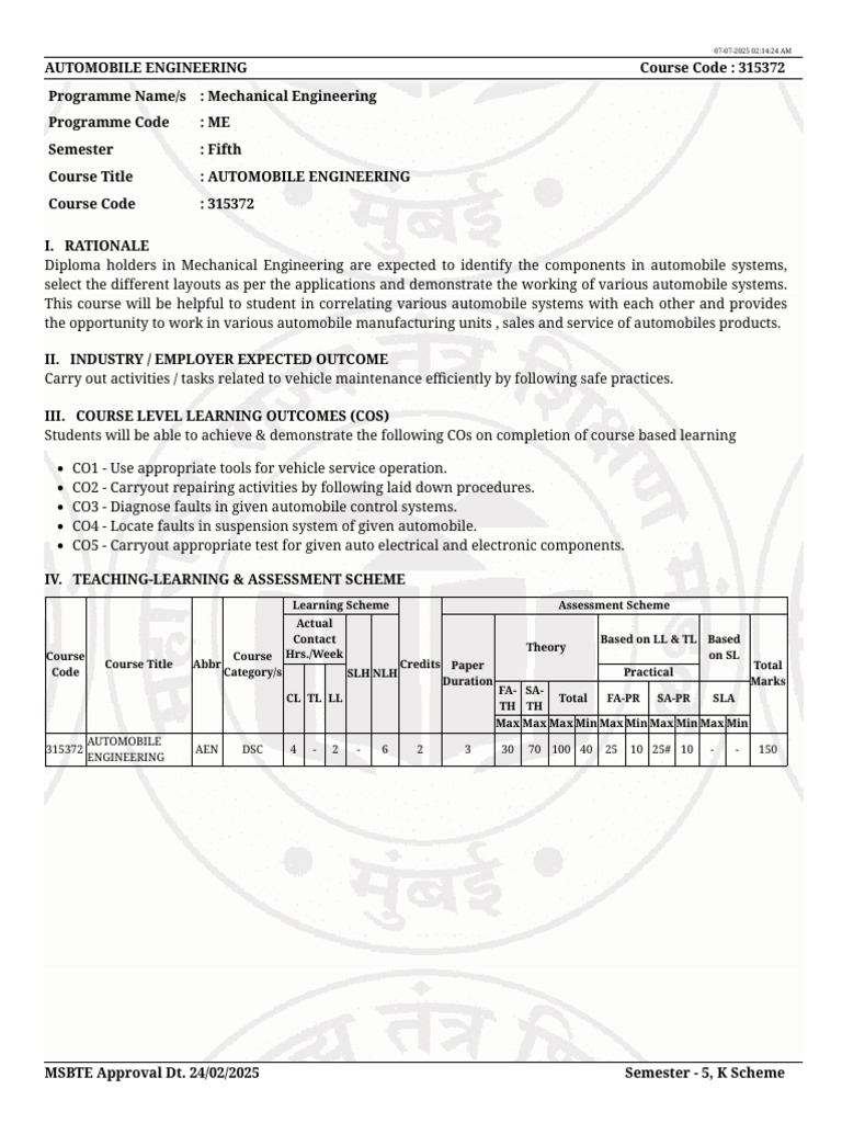 Automobile Engineering Course Overview | PDF | Steering | Manual ...