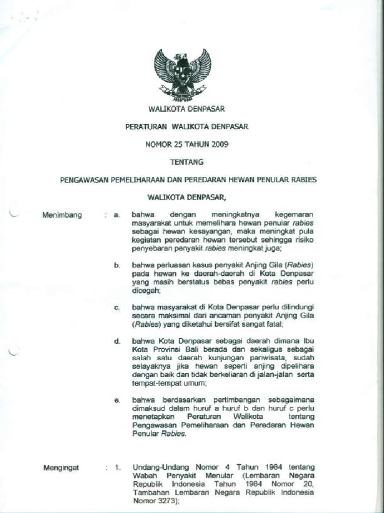 Aturan Pemeliharaan Hewan Rabies Denpasar | PDF