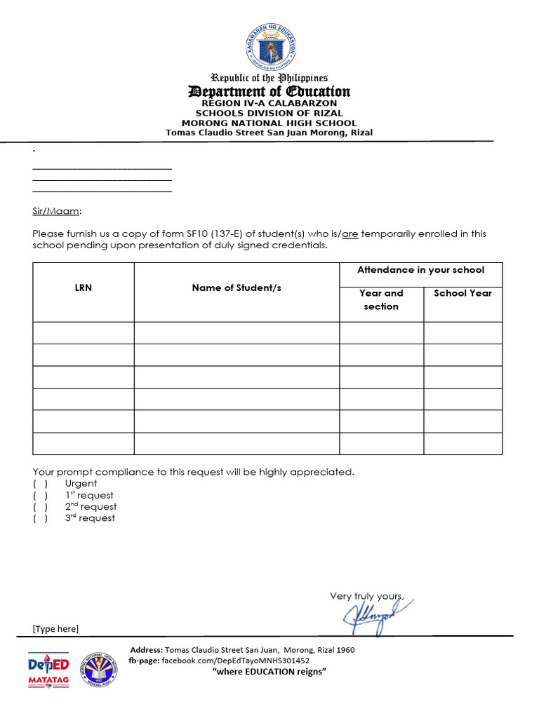 Copy of Form 137 Request | PDF
