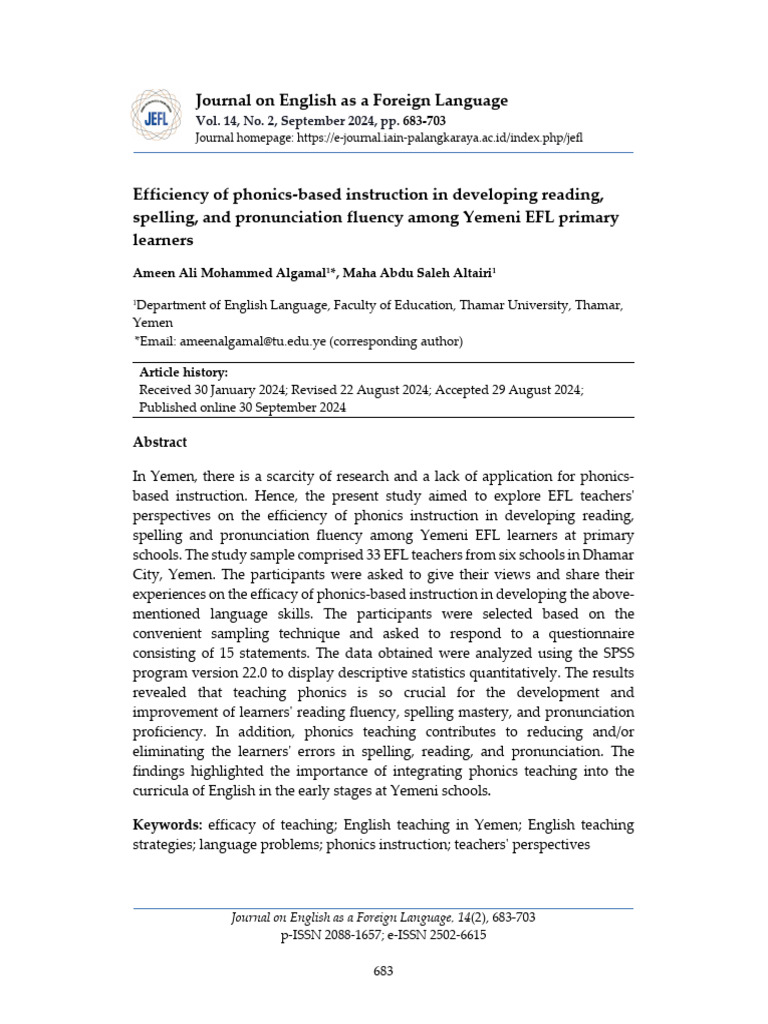 Efficiency of Phonics Based Instruction in Developing Reading, Spelling ...
