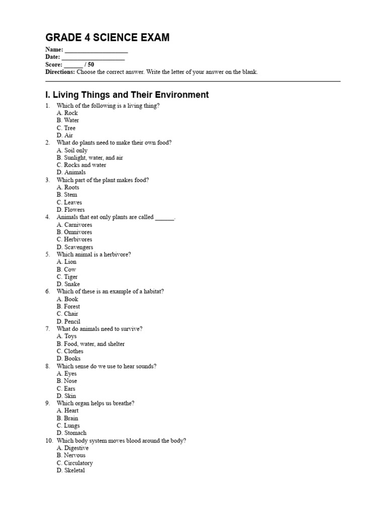 Grade 4 Science Exam Questions | PDF | Earth | Water