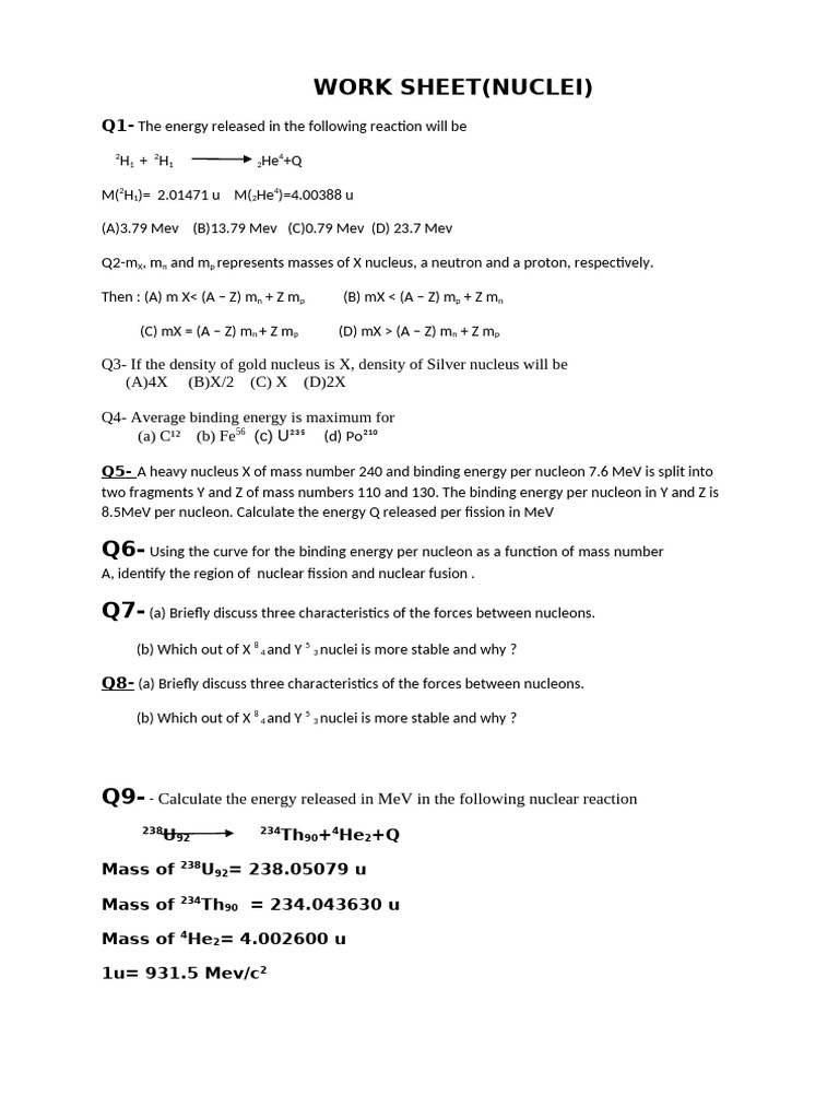 Nuclear Reactions and Binding Energy Worksheet | PDF