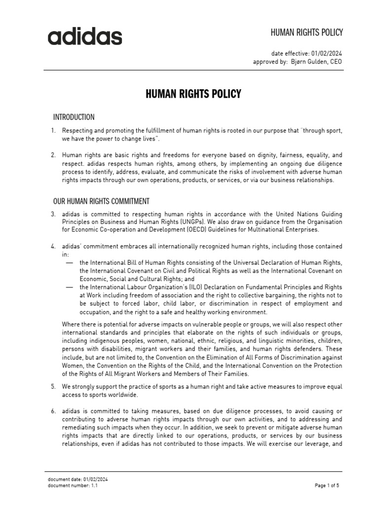 adidas Human Rights Policy Overview | PDF | Employment | Discrimination