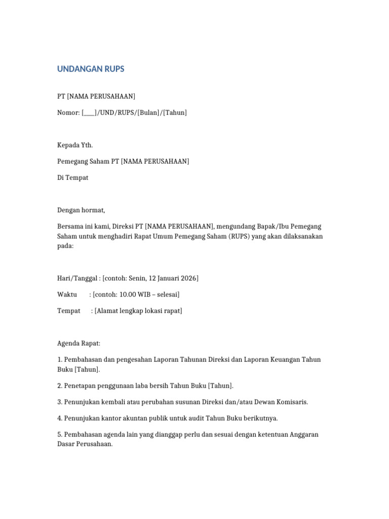 Undangan RUPS PT [NAMA PERUSAHAAN] | PDF