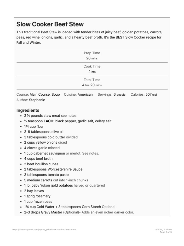 Slow Cooker Beef Stew - The Cozy Cook | PDF | Stew | Beef