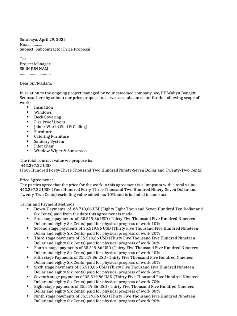 Subcontractor Price Proposal PT WAHYU BANGKIT | PDF | United States ...