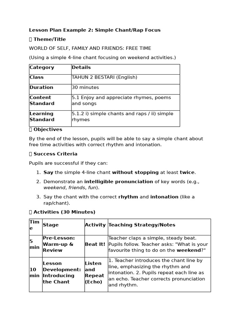 Chant Lesson Plan for Free Time Activities | PDF