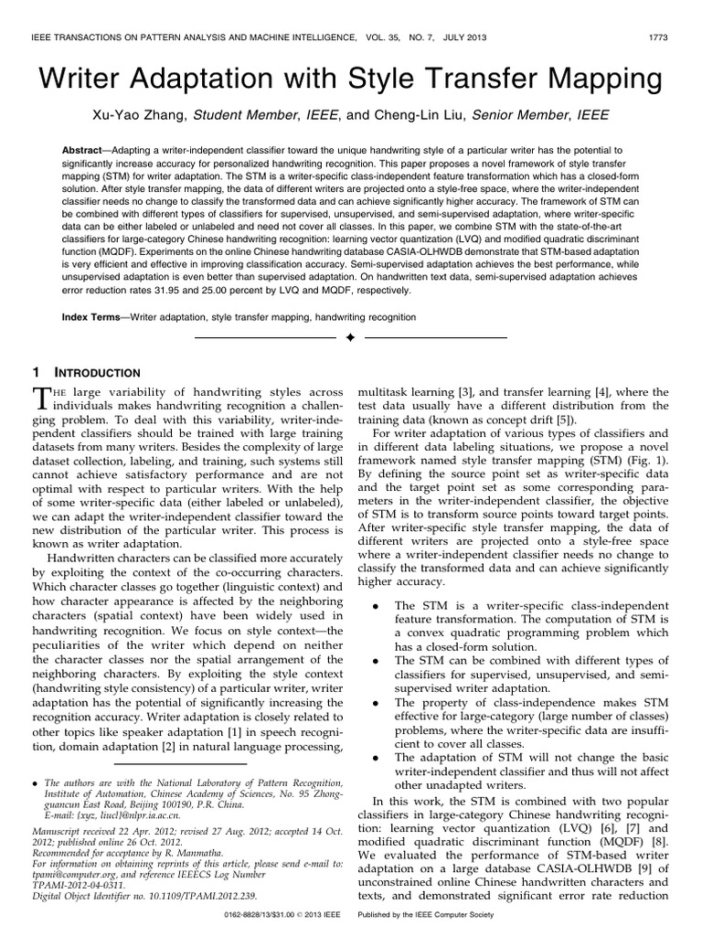 Style Transfer Mapping for Handwriting Recognition | PDF | Statistical ...