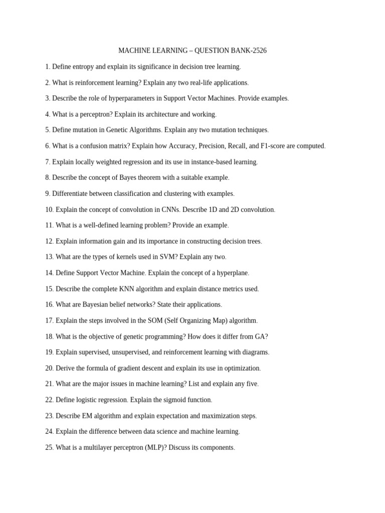 Machine Learning Question Bank 2526 | PDF | Support Vector Machine ...