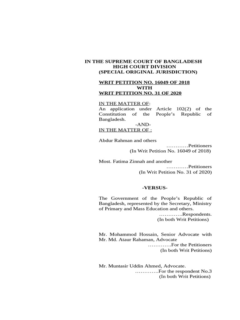 Writ Petition No. 16049 of 2018 and 31 of 2020, Abdur Rayhman and ...