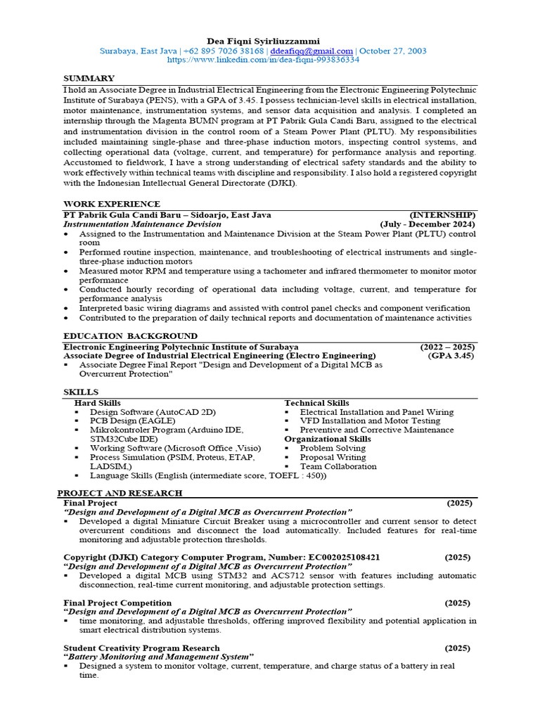 Industrial Electrical Engineering Resume | PDF | Instrumentation ...