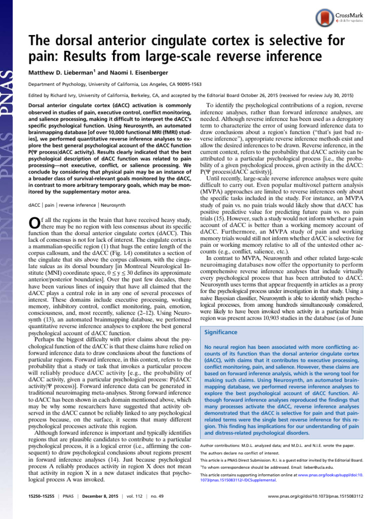 Lieberman Eisenberger 2015 The Dorsal Anterior Cingulate Cortex Is ...
