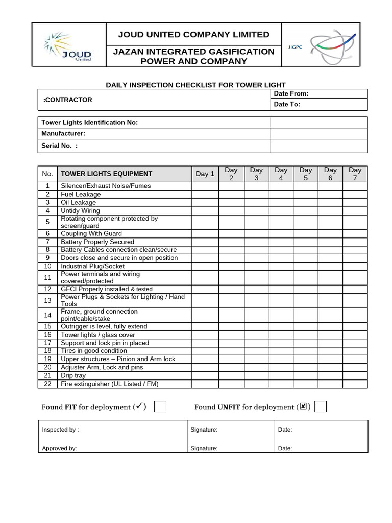 Daily Tower Light Inspection Checklist | PDF