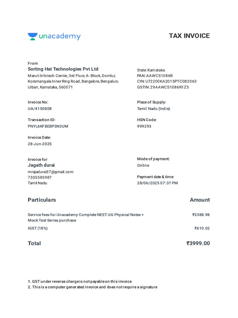 Tax Invoice for Unacademy Services | PDF