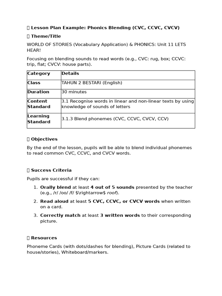 Phonics Blending Lesson Plan for Year 2 | PDF | Phonics | Subject (Grammar)