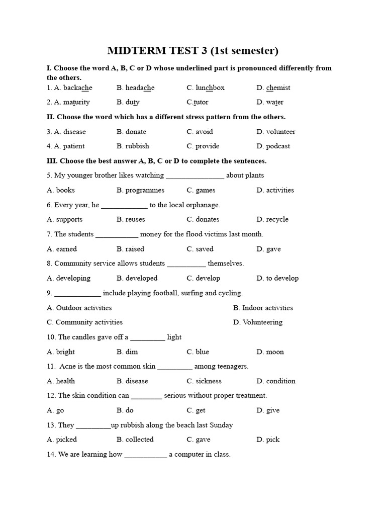 Midterm Test 3: Vocabulary & Comprehension | PDF | Healthy Diet | Sleep