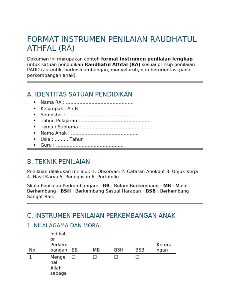 Format Penilaian Raudhatul Athfal | PDF