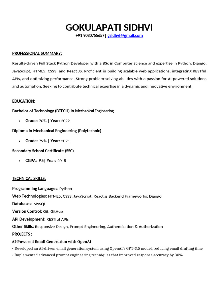 Full Stack Python Developer Resume | PDF