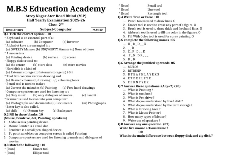 Class 2 Computer Exam Paper 2025-26 | PDF | Usb Flash Drive | Computer ...