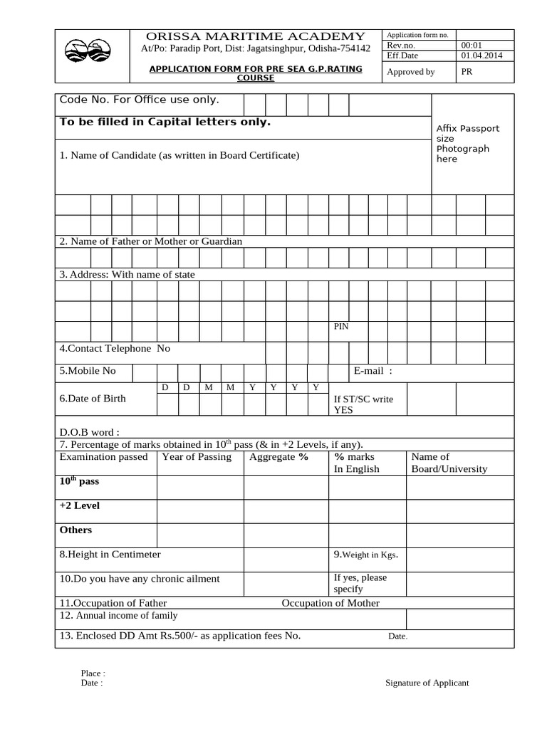 Pre-Sea G.P. Rating Application Form | PDF