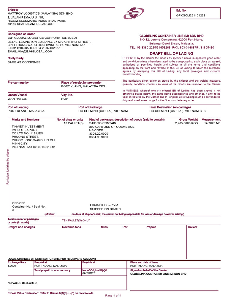 Bill of Lading Details for Shipment | PDF | Bill Of Lading | Cargo