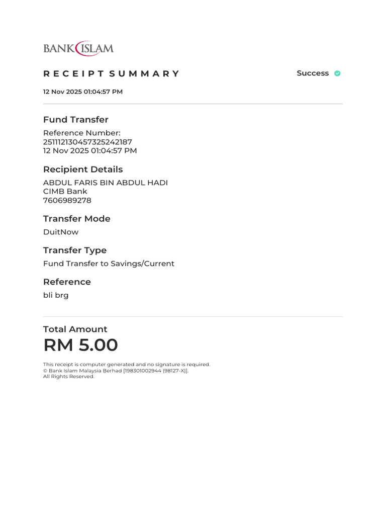 Fund Transfer Receipt Summary | PDF