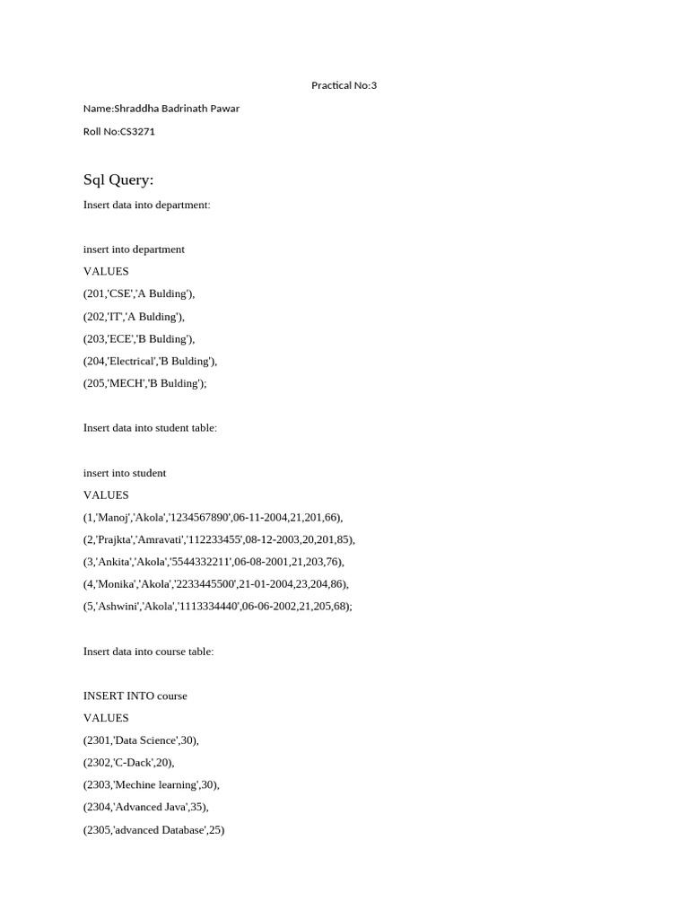 SQL Data Insertion and Queries Guide | PDF