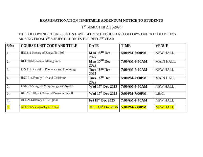 Updated Examinationation Timetable Addendum-1st Sem 2025-2026 | PDF