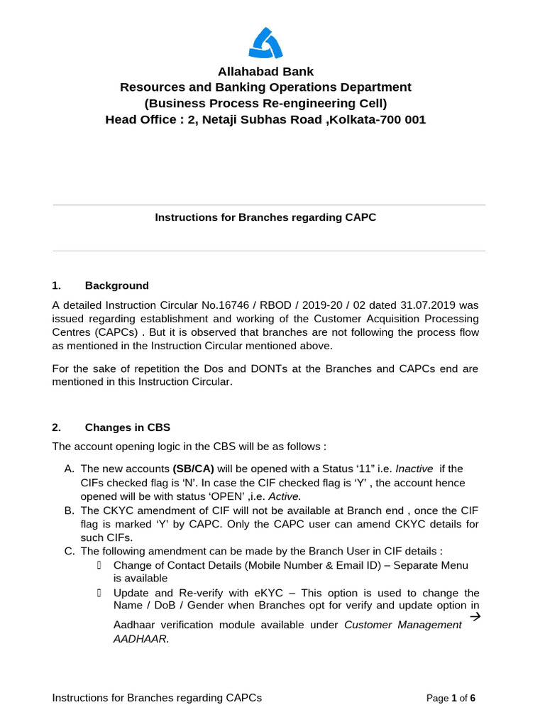 CAPC Instructions for Allahabad Bank Branches | PDF | Identity Document