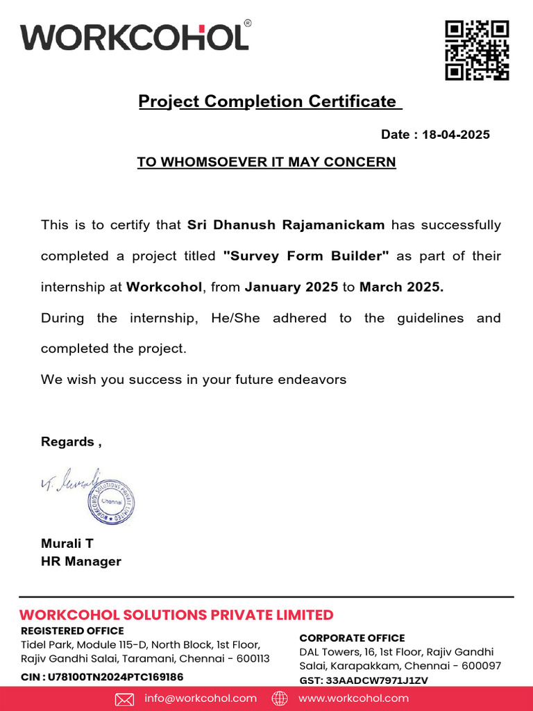 Sri Dhanush Rajamanickam - Project Completion Certificate | PDF