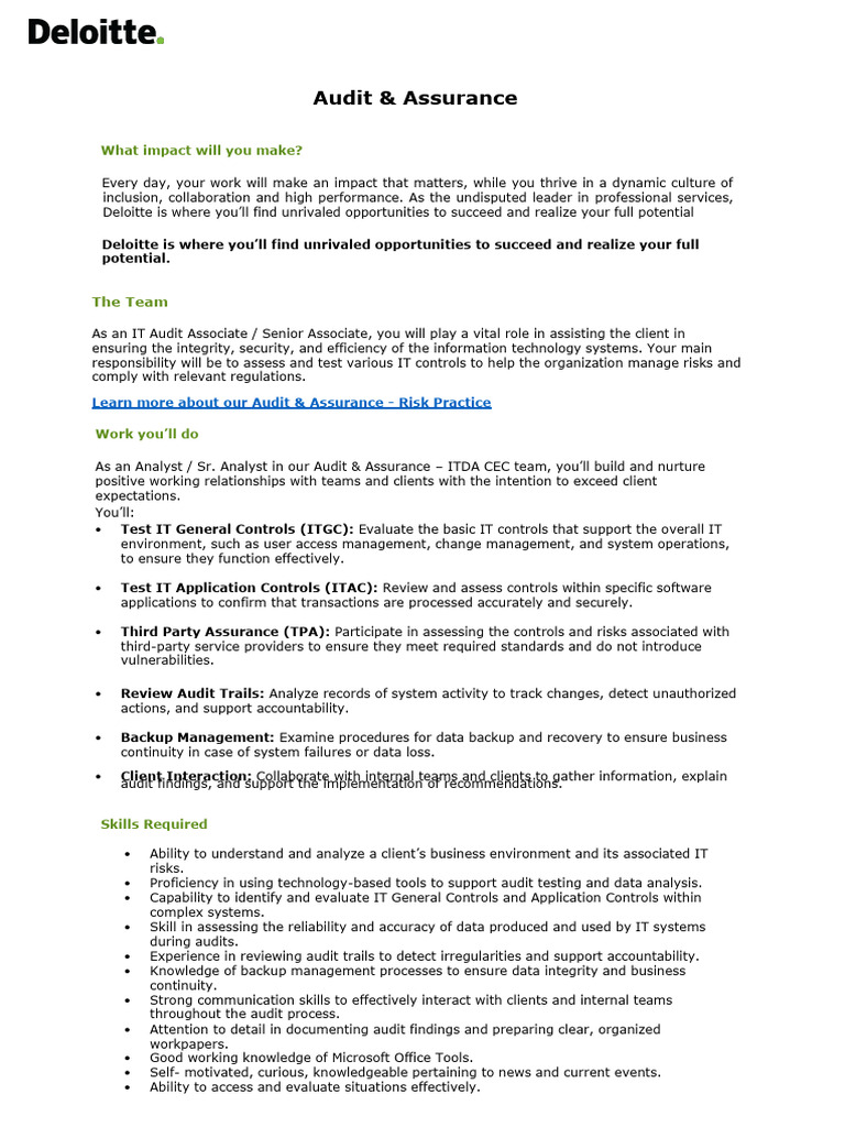 IT Audit Associate Role at Deloitte | PDF | Audit | Reliability Engineering