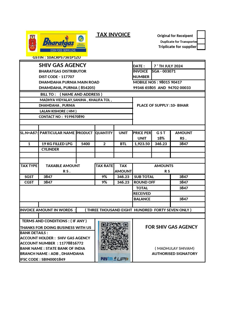 Tax Invoice for LPG Supply - Shiv Gas Agency | PDF