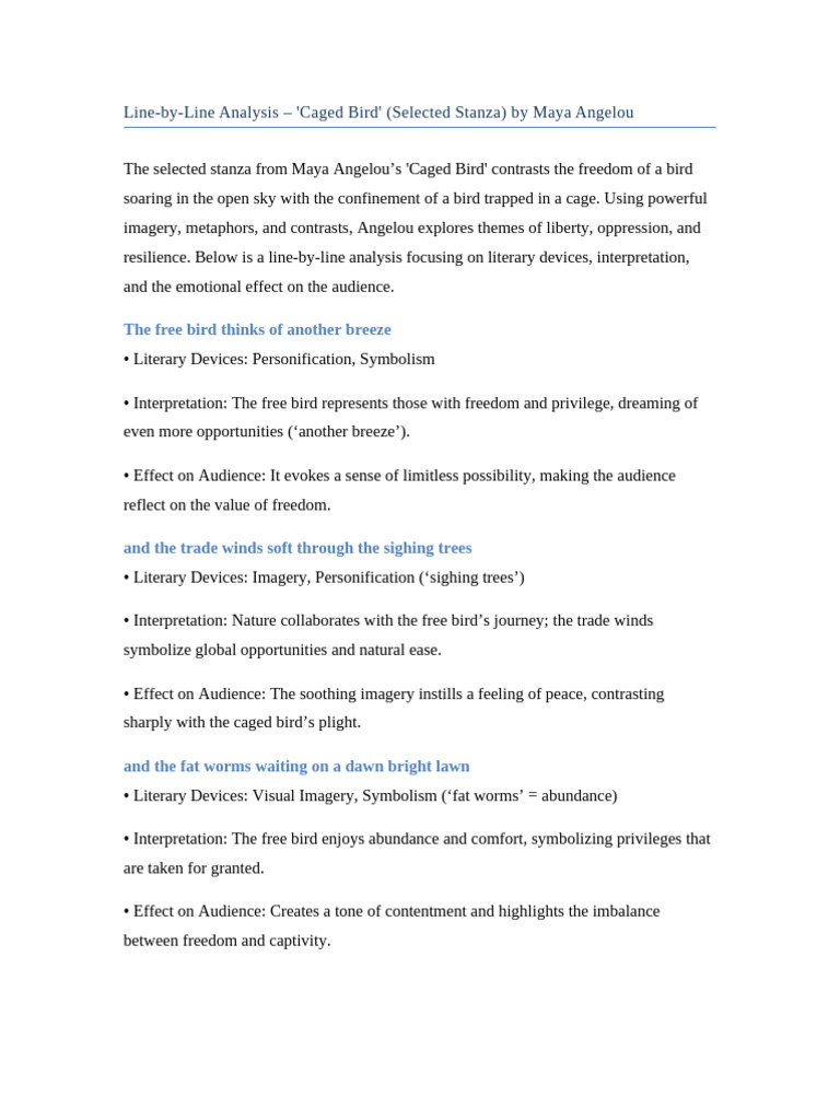 Line-by-Line Analysis of 'Caged Bird' | PDF