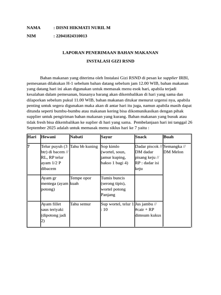 Laporan Penerimaan Bahan Makanan RSND | PDF