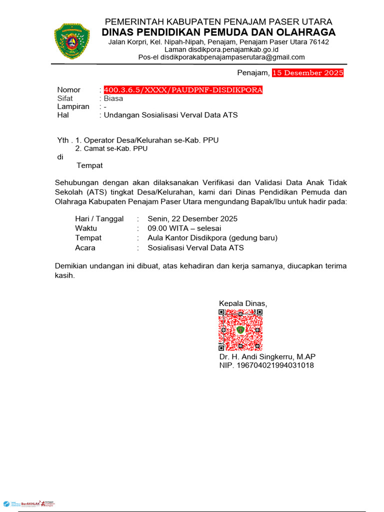 Undangan Sosialisasi Verval Data ATS | PDF