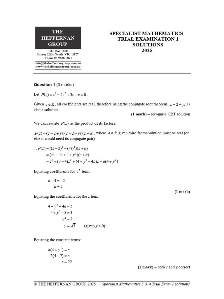 Specialist Mathematics Trial Exam 1 Solutions | PDF | Applied ...