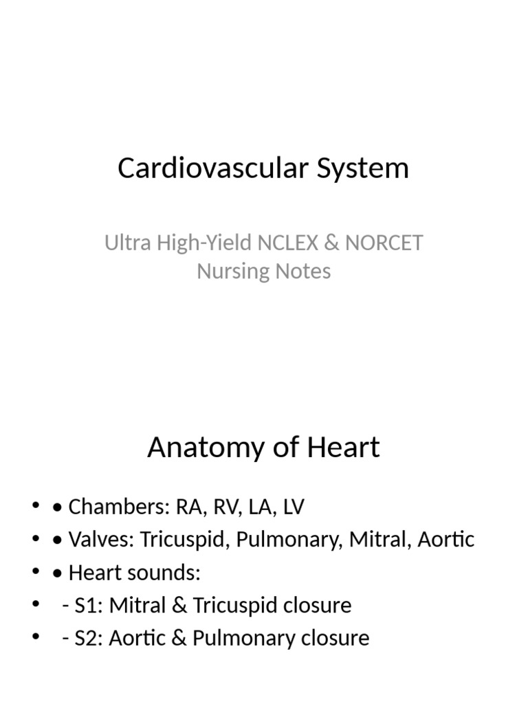 Cardiovascular Nursing Notes for NCLEX | PDF | Heart | Blood Pressure