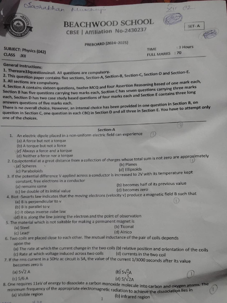 CBSE Class XI Physics Preboard Exam 2024 | PDF | Capacitor | Capacitance
