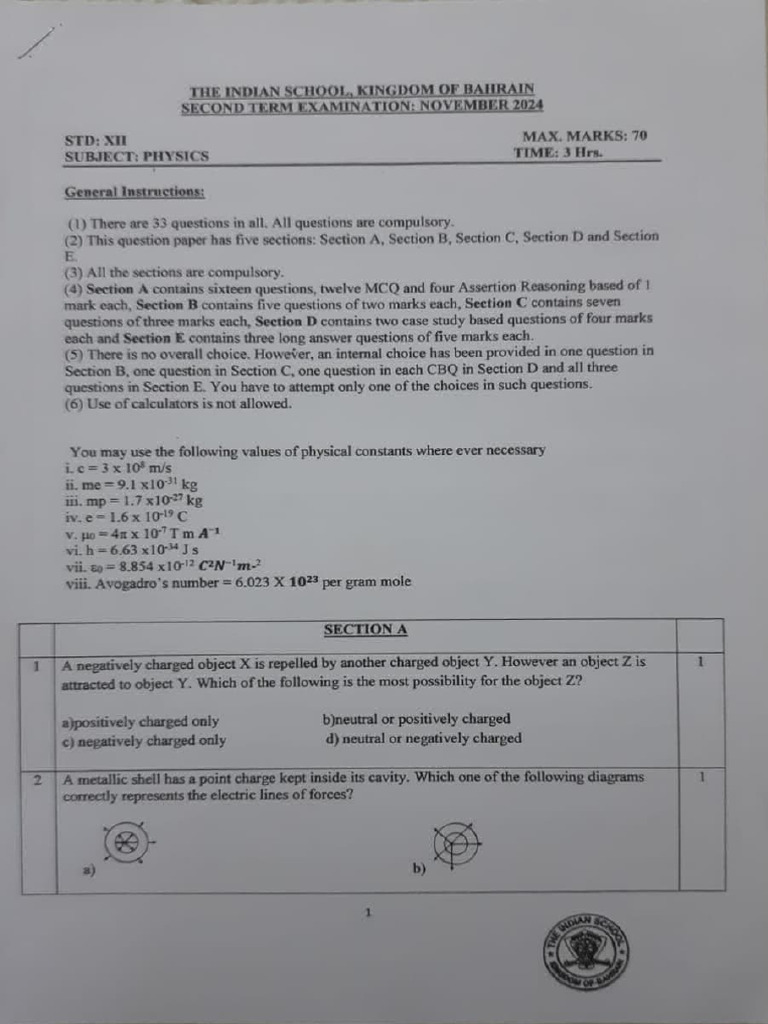 Physics XII Second Term Exam Paper 2024 | PDF | Capacitor | Inductor