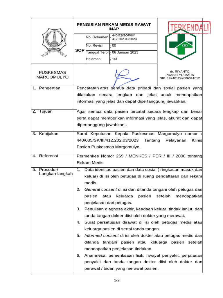 SOP Pengisian Rekam Medis Rawat Inap | PDF