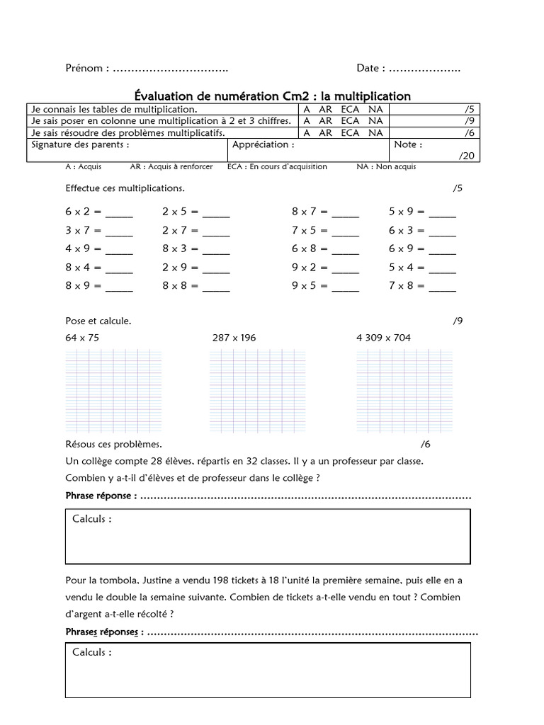 Évaluation Multiplication Cm2 : Tests et Problèmes | PDF