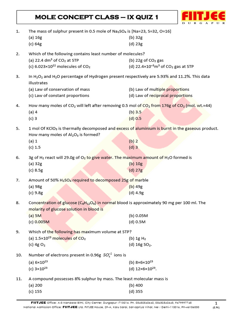 Class IX Mole Concept Quiz 1 | PDF | Mole (Unit) | Chemical Compounds